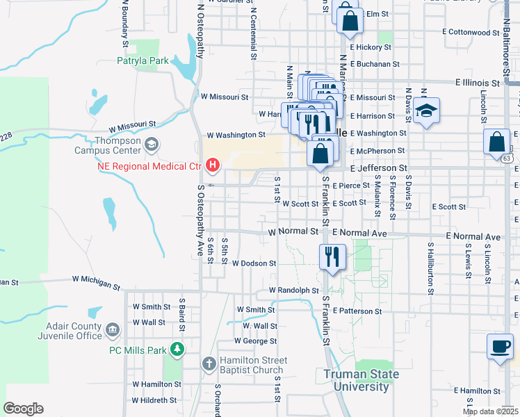 map of restaurants, bars, coffee shops, grocery stores, and more near 505 West Scott Street in Kirksville