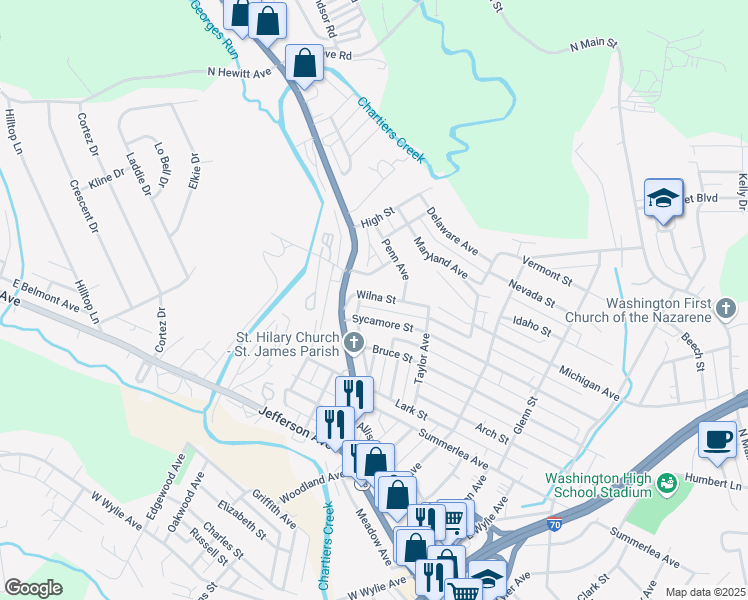 map of restaurants, bars, coffee shops, grocery stores, and more near 1275 Wilna Street in Washington