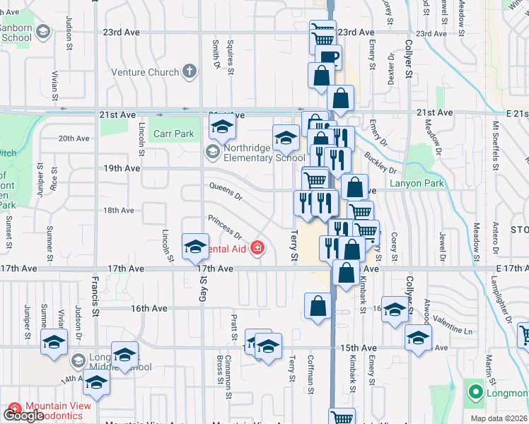 map of restaurants, bars, coffee shops, grocery stores, and more near 1807 Queens Drive in Longmont