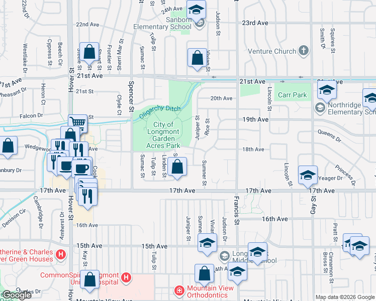 map of restaurants, bars, coffee shops, grocery stores, and more near 1760 Sunset Street in Longmont