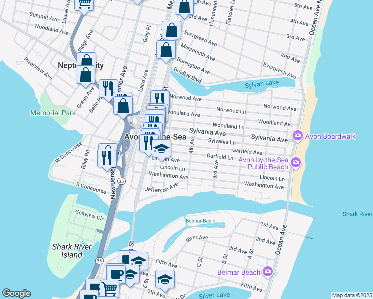 map of restaurants, bars, coffee shops, grocery stores, and more near 411 Garfield Lane in Avon-by-the-Sea
