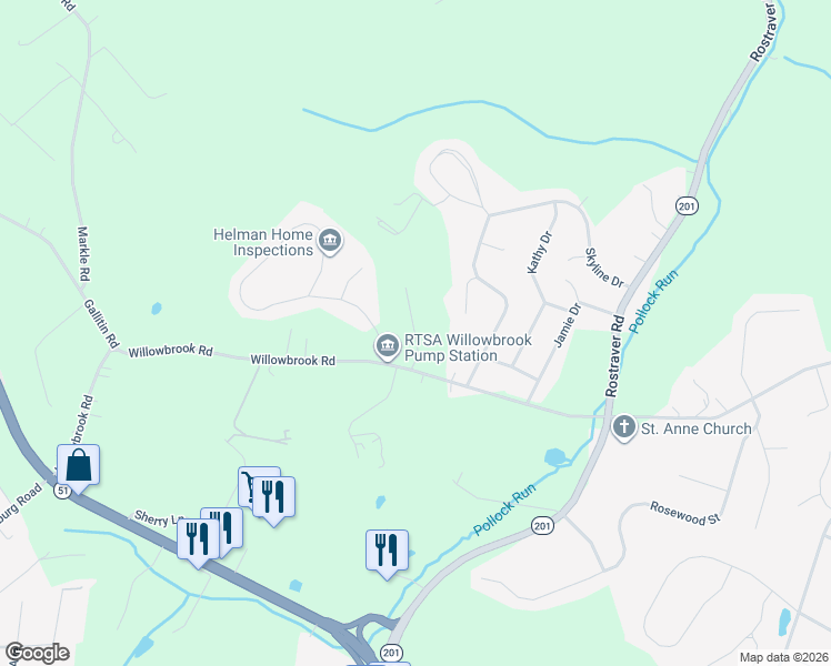 map of restaurants, bars, coffee shops, grocery stores, and more near 1276 Willowbrook Road in Belle Vernon