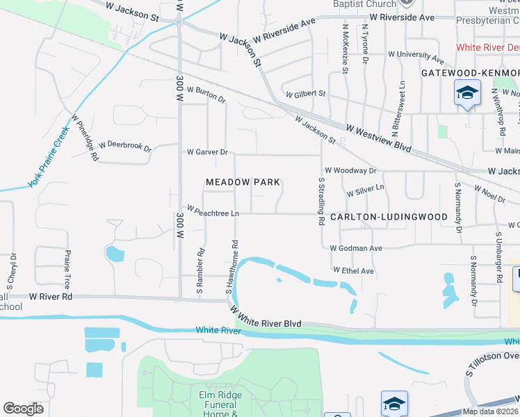 map of restaurants, bars, coffee shops, grocery stores, and more near 4504 West Peachtree Lane in Muncie