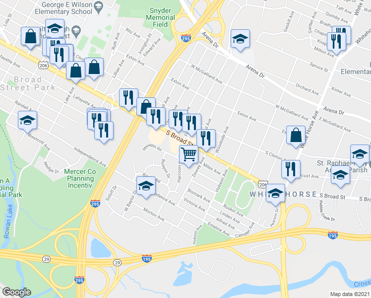 map of restaurants, bars, coffee shops, grocery stores, and more near 2695 South Broad Street in Trenton