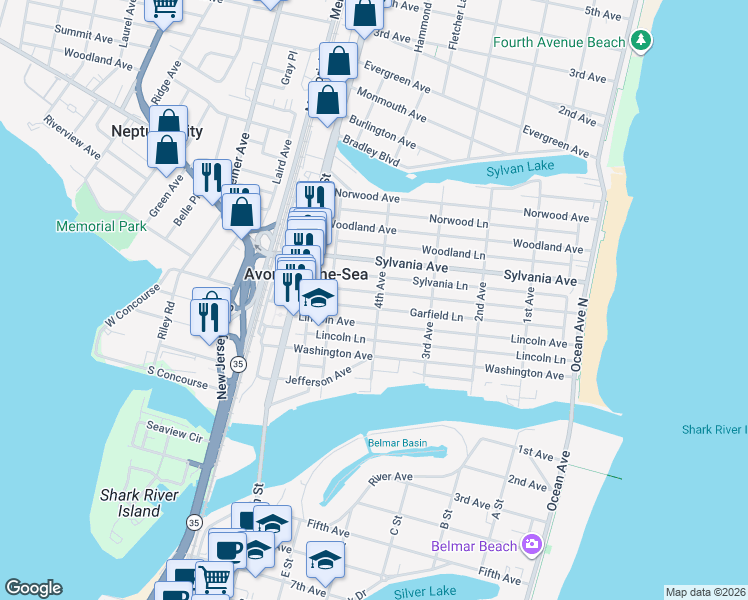 map of restaurants, bars, coffee shops, grocery stores, and more near 411 Garfield Lane in Avon-by-the-Sea