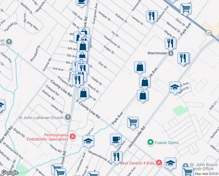 map of restaurants, bars, coffee shops, grocery stores, and more near 131 Madison Avenue in Warminster