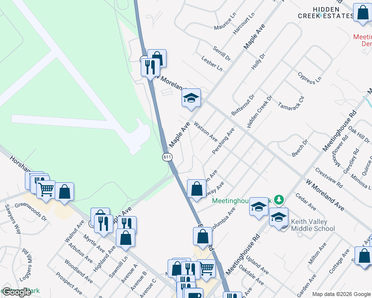 map of restaurants, bars, coffee shops, grocery stores, and more near 213 Maple Avenue in Horsham