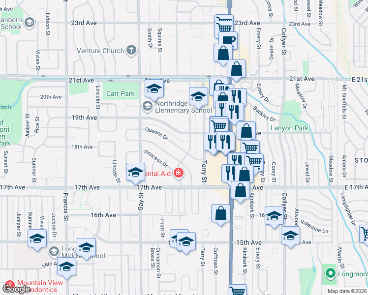 map of restaurants, bars, coffee shops, grocery stores, and more near 1807 Queens Drive in Longmont