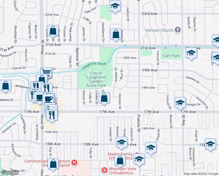 map of restaurants, bars, coffee shops, grocery stores, and more near 1760 Sunset Street in Longmont