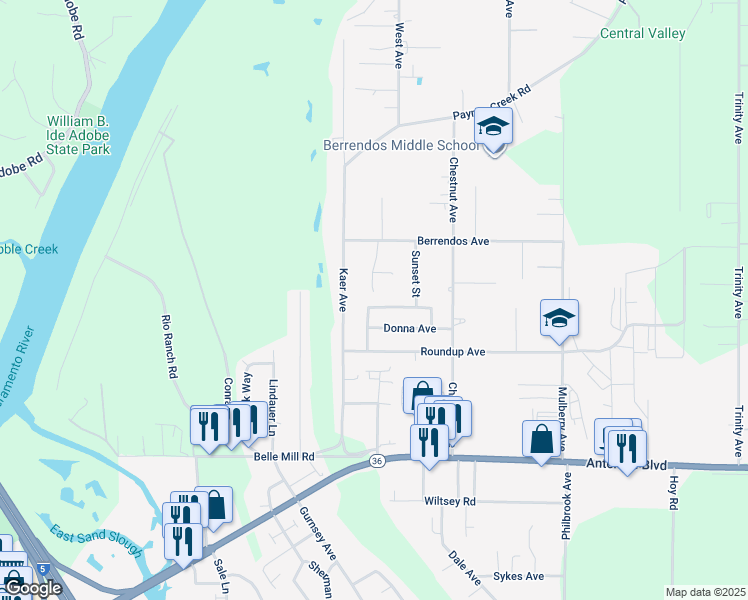 map of restaurants, bars, coffee shops, grocery stores, and more near 230 San Joaquin Drive in Red Bluff