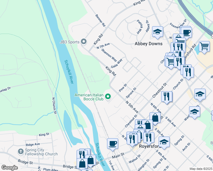 map of restaurants, bars, coffee shops, grocery stores, and more near 493 King Road in Royersford
