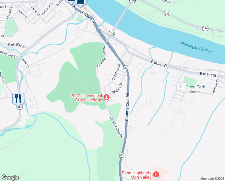 map of restaurants, bars, coffee shops, grocery stores, and more near 707 Walnut Street in Monongahela