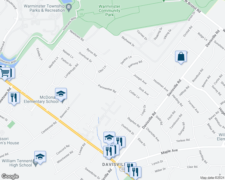 map of restaurants, bars, coffee shops, grocery stores, and more near 662 Parmentier Road in Warminster