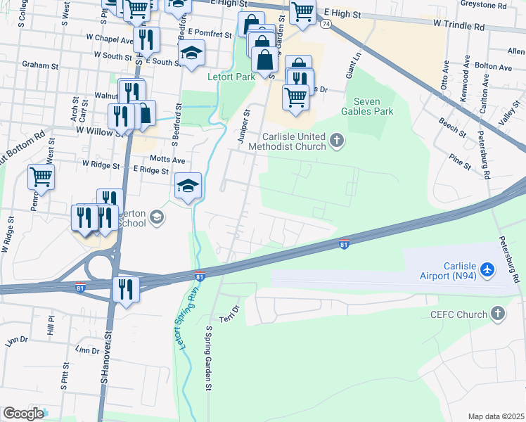 map of restaurants, bars, coffee shops, grocery stores, and more near 47 Garden Parkway in Carlisle