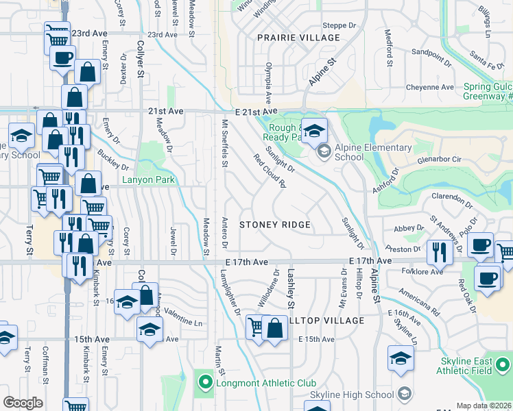 map of restaurants, bars, coffee shops, grocery stores, and more near in Longmont