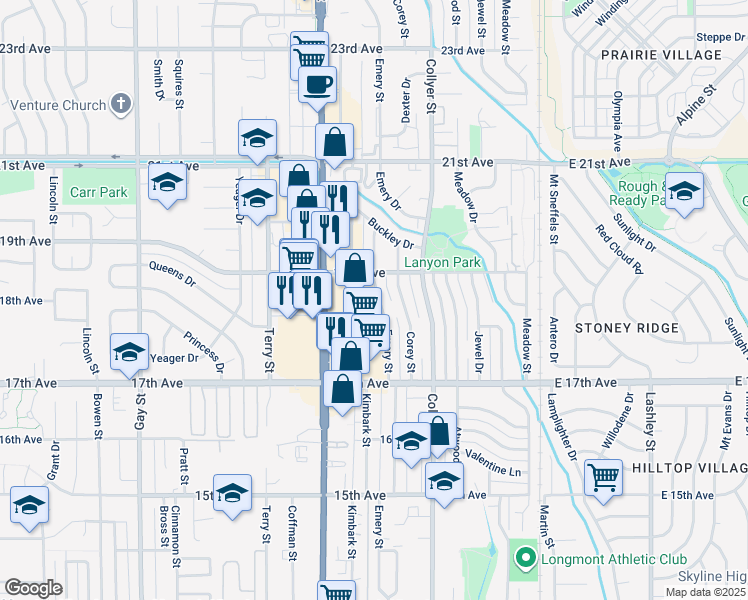 map of restaurants, bars, coffee shops, grocery stores, and more near 1834 Main Street in Longmont