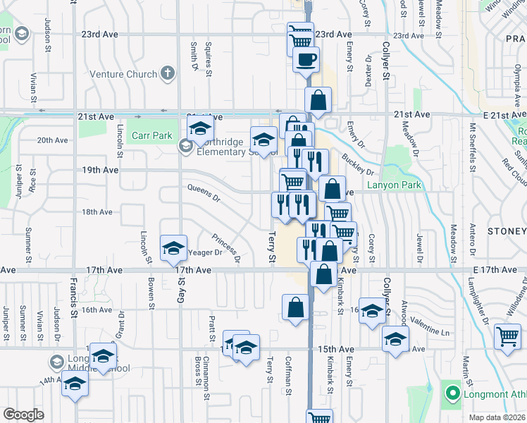 map of restaurants, bars, coffee shops, grocery stores, and more near 1849 Terry Street in Longmont