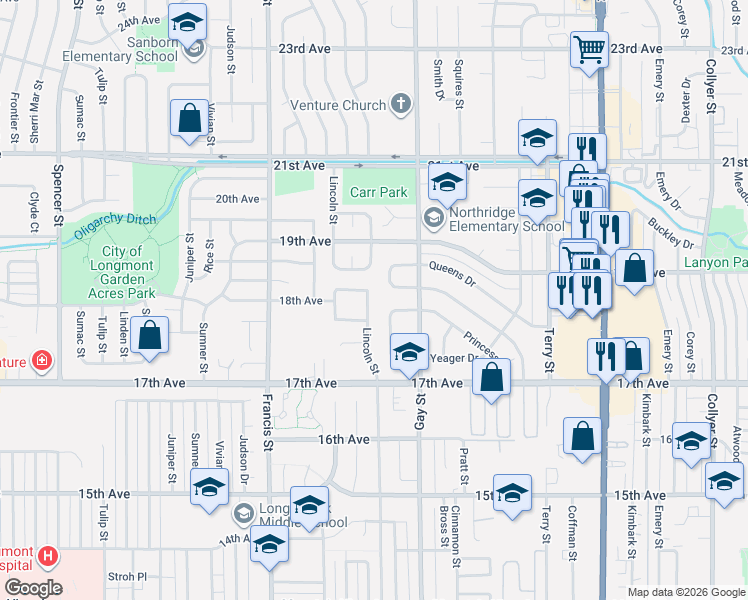 map of restaurants, bars, coffee shops, grocery stores, and more near 1769 Lincoln Street in Longmont