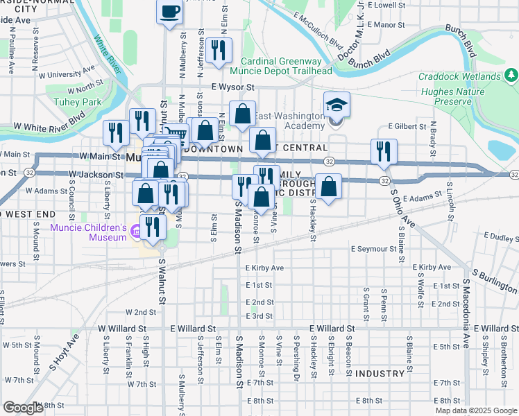 map of restaurants, bars, coffee shops, grocery stores, and more near 616 East Charles Street in Muncie