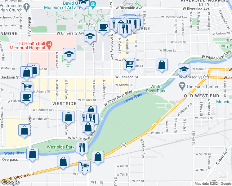 map of restaurants, bars, coffee shops, grocery stores, and more near 1803 West Charles Street in Muncie