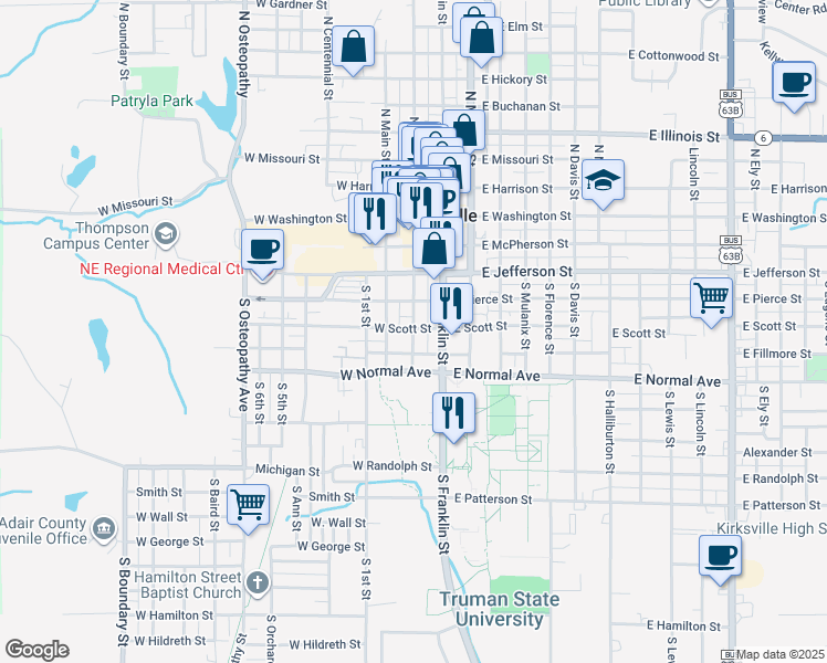 map of restaurants, bars, coffee shops, grocery stores, and more near 505 South Elson Street in Kirksville
