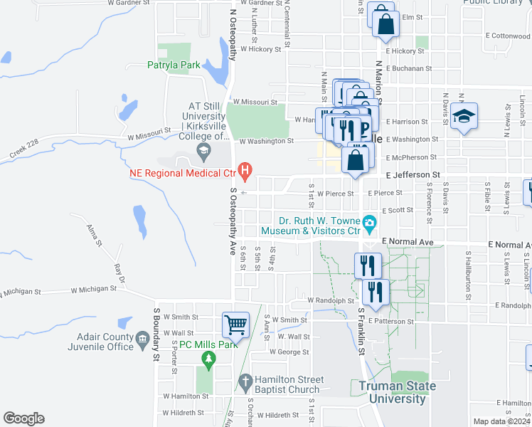map of restaurants, bars, coffee shops, grocery stores, and more near 610 West Fillmore Street in Kirksville