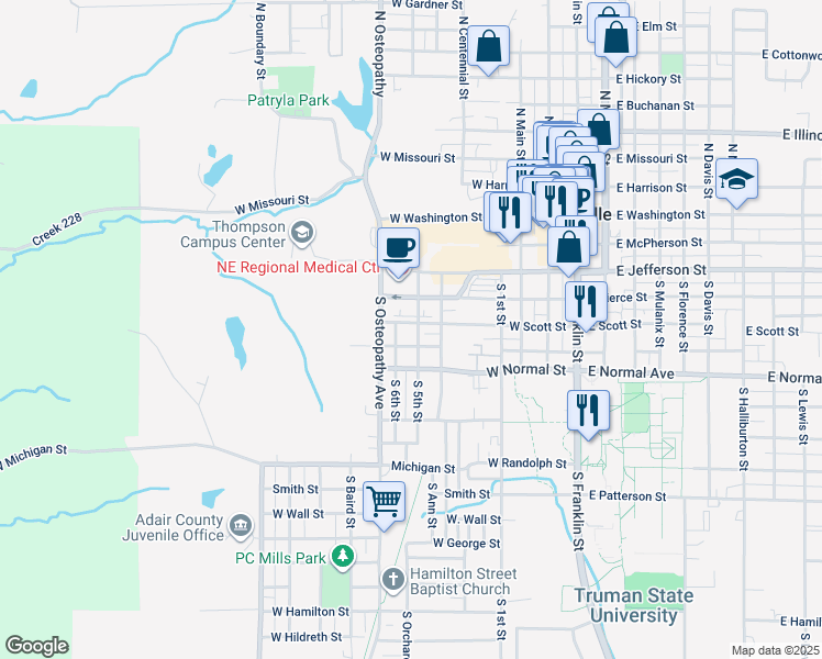 map of restaurants, bars, coffee shops, grocery stores, and more near 610 West Fillmore Street in Kirksville
