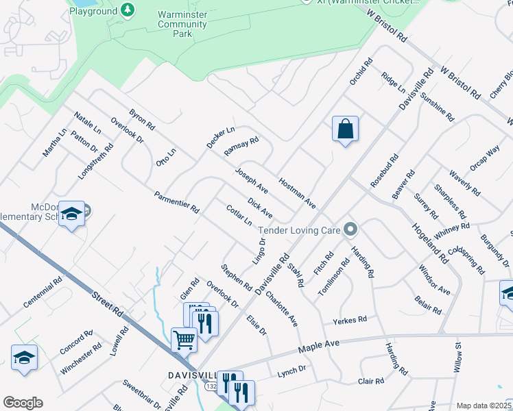 map of restaurants, bars, coffee shops, grocery stores, and more near 763 Dick Avenue in Warminster