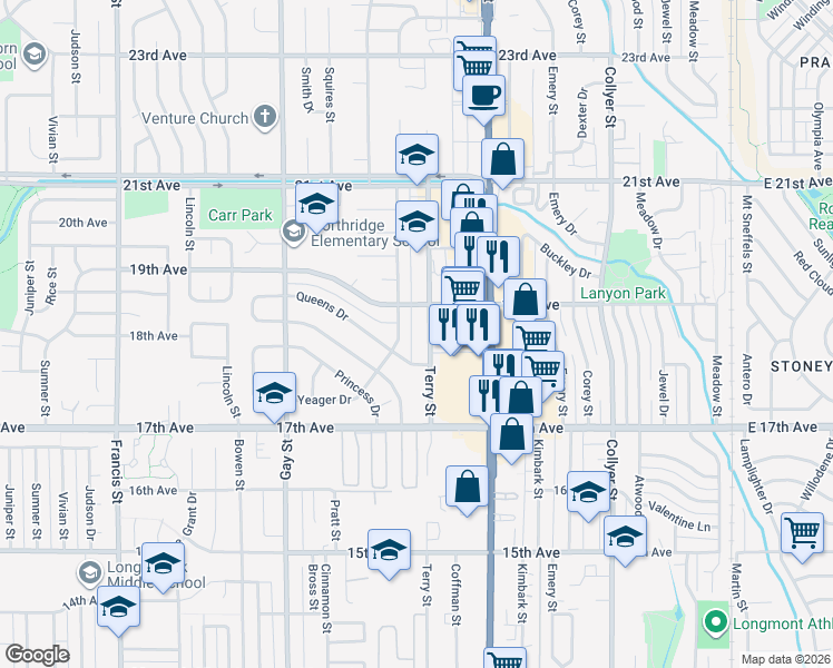 map of restaurants, bars, coffee shops, grocery stores, and more near 1849 Terry Street in Longmont