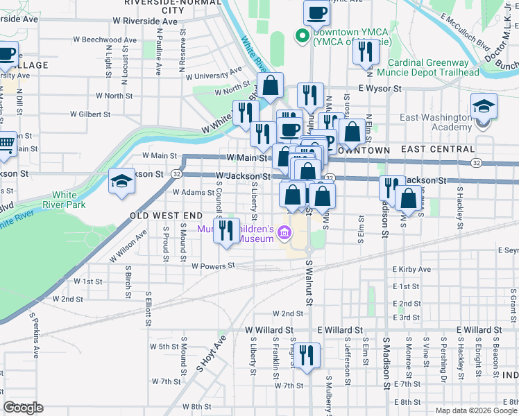 map of restaurants, bars, coffee shops, grocery stores, and more near 309 West Charles Street in Muncie