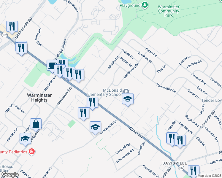 map of restaurants, bars, coffee shops, grocery stores, and more near 681 Schoolhouse Lane in Warminster