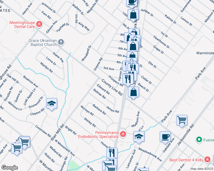 map of restaurants, bars, coffee shops, grocery stores, and more near 30 West County Line Road in Hatboro