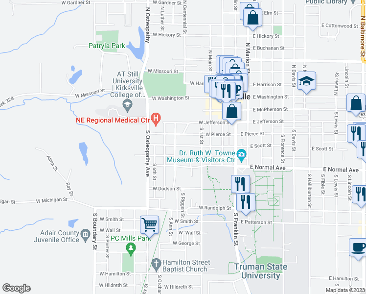 map of restaurants, bars, coffee shops, grocery stores, and more near 505 West Scott Street in Kirksville