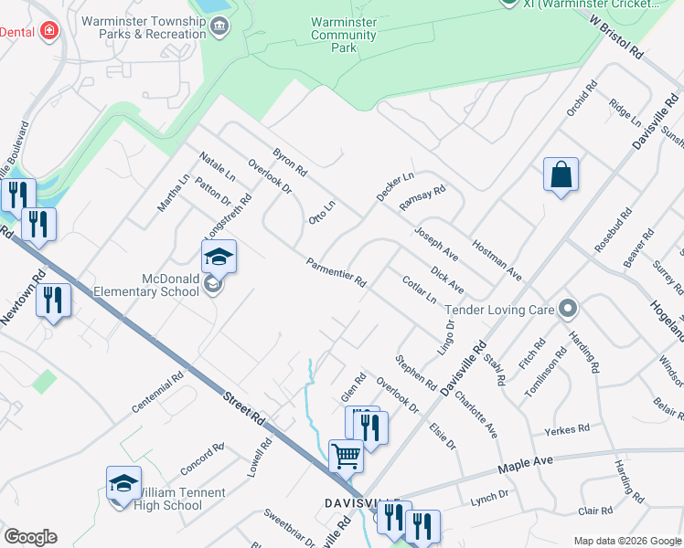 map of restaurants, bars, coffee shops, grocery stores, and more near 644 Parmentier Road in Warminster