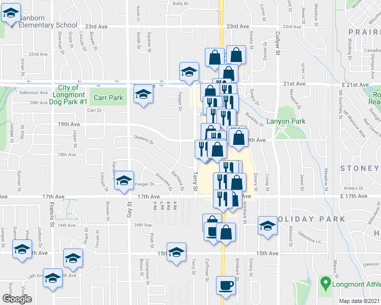 map of restaurants, bars, coffee shops, grocery stores, and more near 1849 Terry Street in Longmont