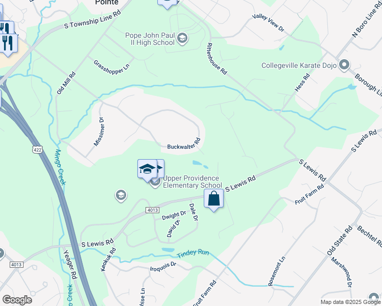 map of restaurants, bars, coffee shops, grocery stores, and more near 163 Buckwalter Road in Royersford