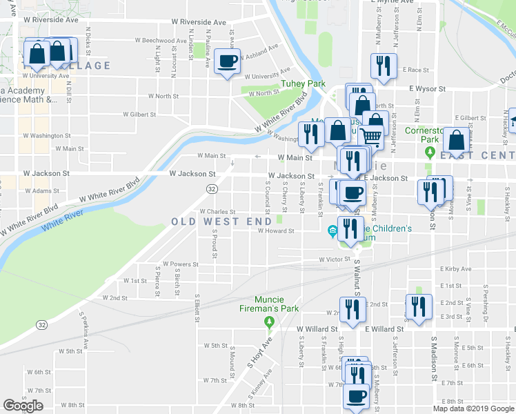 map of restaurants, bars, coffee shops, grocery stores, and more near 525 West Charles Street in Muncie