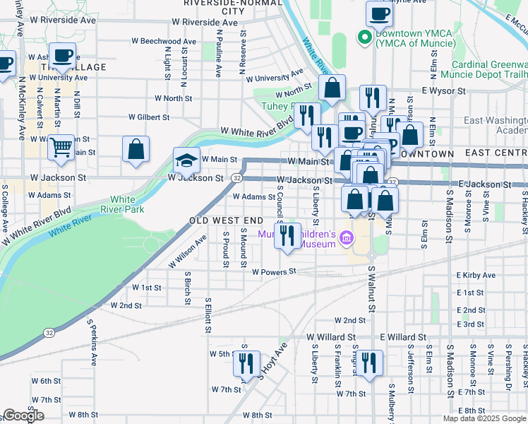 map of restaurants, bars, coffee shops, grocery stores, and more near 705 West Charles Street in Muncie