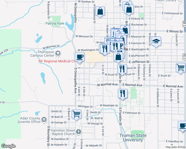 map of restaurants, bars, coffee shops, grocery stores, and more near 505 West Scott Street in Kirksville