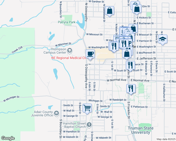 map of restaurants, bars, coffee shops, grocery stores, and more near 516 South 6th Street in Kirksville
