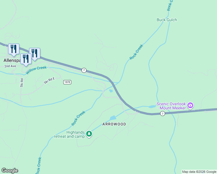 map of restaurants, bars, coffee shops, grocery stores, and more near 1085 Park Street in Allenspark