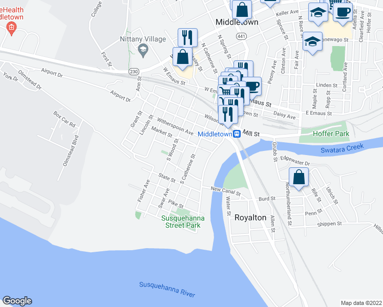 map of restaurants, bars, coffee shops, grocery stores, and more near 437 South Catherine Street in Middletown