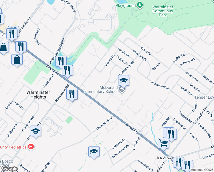 map of restaurants, bars, coffee shops, grocery stores, and more near 681 Schoolhouse Lane in Warminster