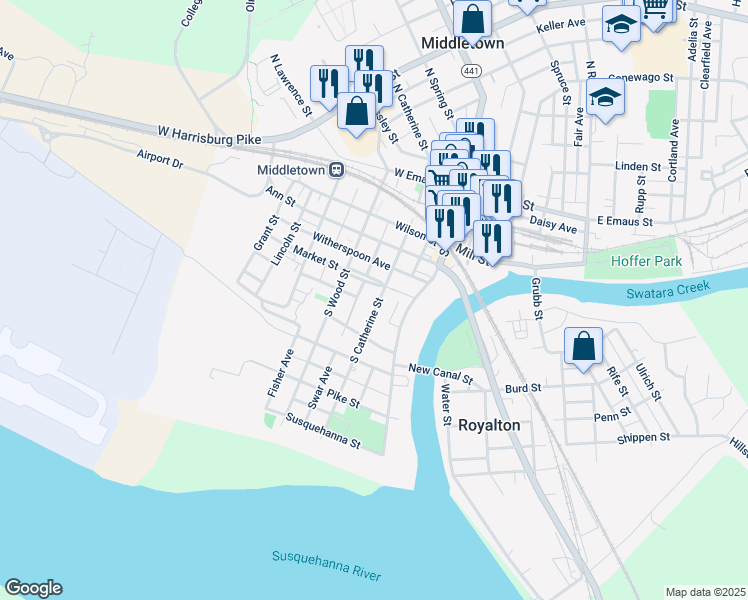 map of restaurants, bars, coffee shops, grocery stores, and more near 437 South Catherine Street in Middletown