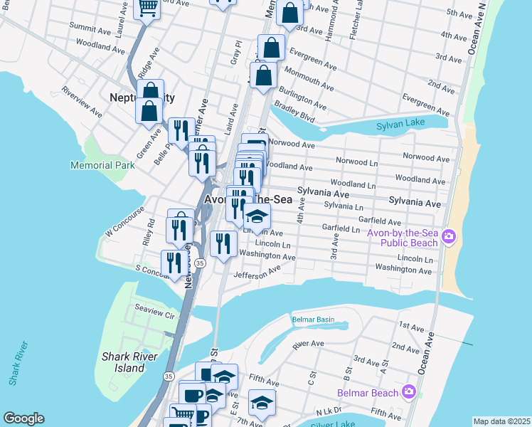 map of restaurants, bars, coffee shops, grocery stores, and more near 407 5th Avenue in Avon-by-the-Sea