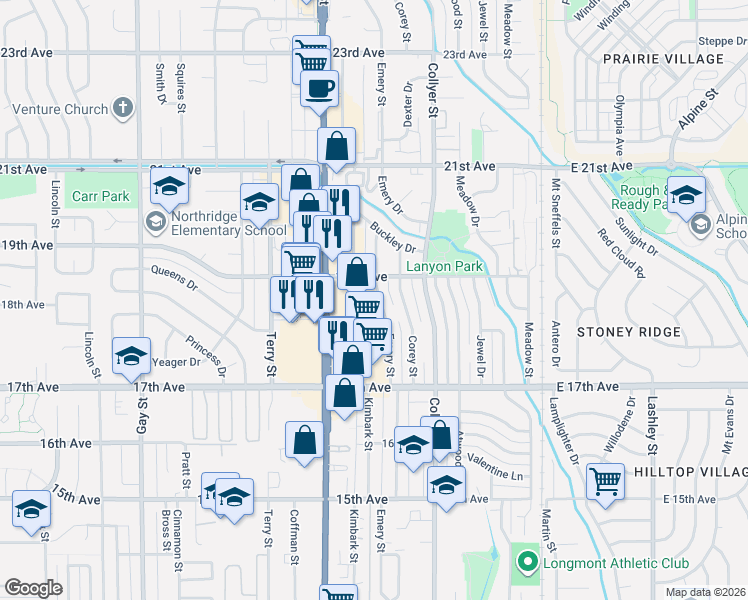 map of restaurants, bars, coffee shops, grocery stores, and more near 1834 Main Street in Longmont