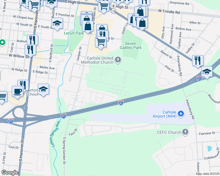 map of restaurants, bars, coffee shops, grocery stores, and more near 1 Garden Parkway in Carlisle
