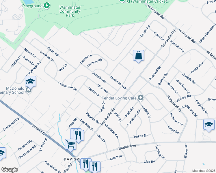 map of restaurants, bars, coffee shops, grocery stores, and more near 763 Dick Avenue in Warminster