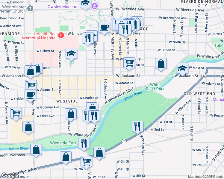 map of restaurants, bars, coffee shops, grocery stores, and more near 406 South College Avenue in Muncie