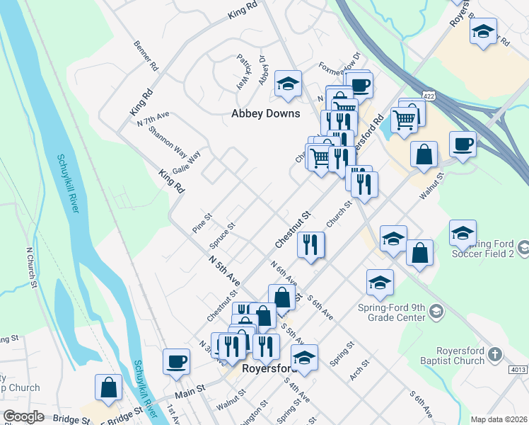 map of restaurants, bars, coffee shops, grocery stores, and more near 627 Oak Street in Royersford